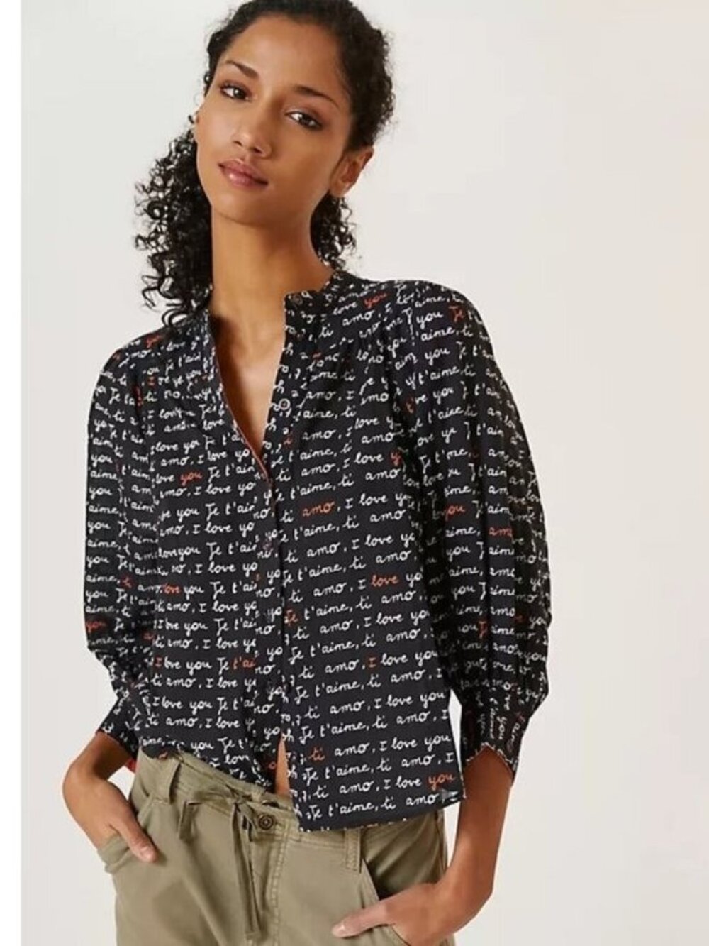 🛍 Anthropologie Laetitia Rouget I love You Puff Sleeve Button Down Shirt